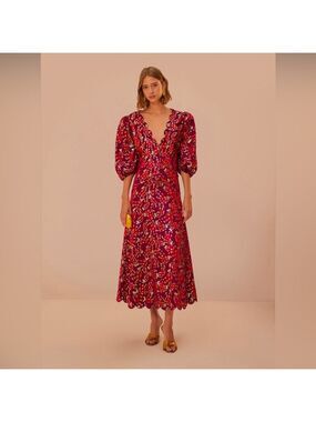 Farm Rio Burgundy Bossa Banana Jacquard Midi Dress